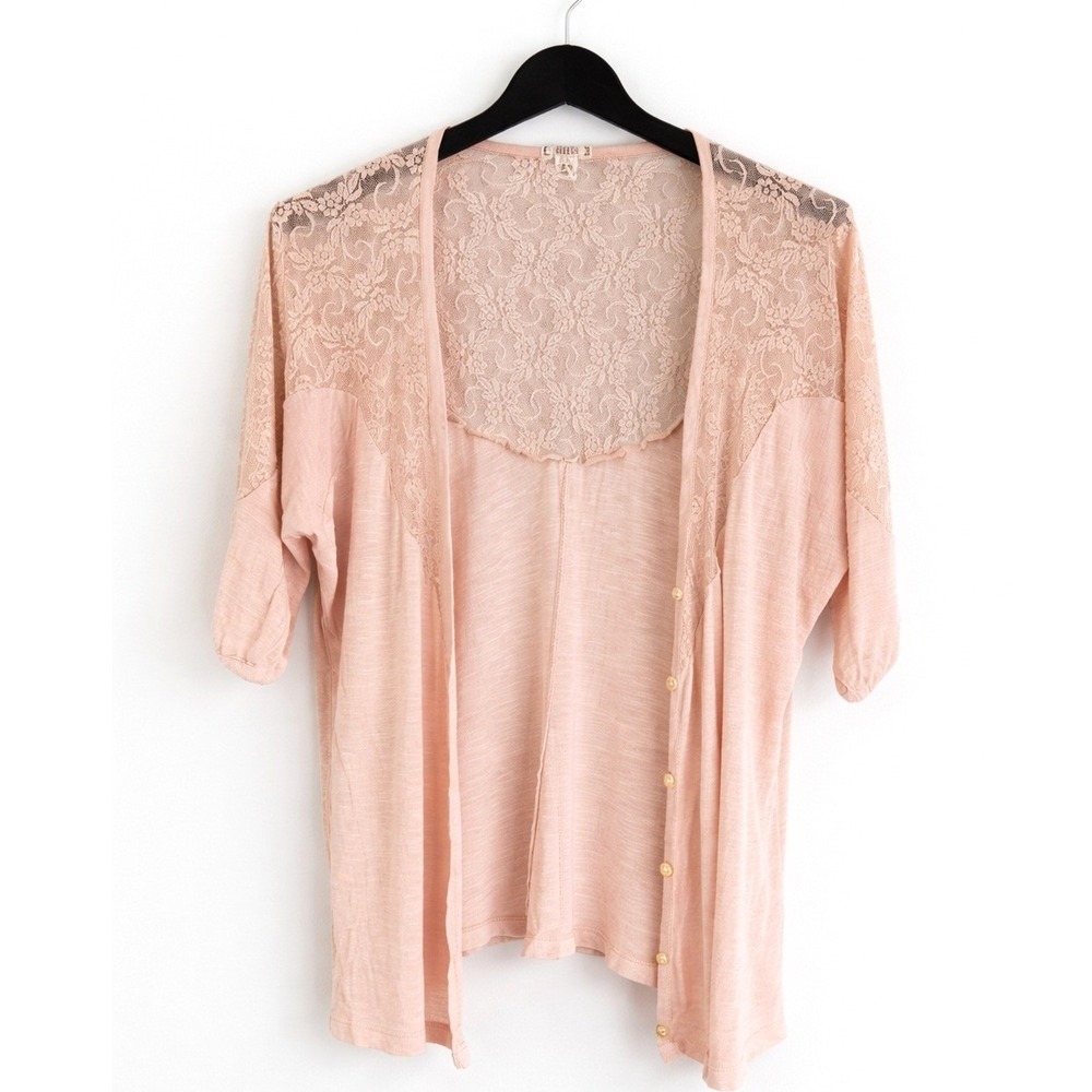 Decree Womens Cardigan Shrug Top Size Medium Casual Boho Beige Lace Button fairy